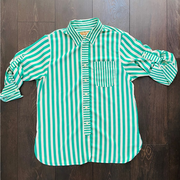 Ellen Tracy Striped White and Green Oversized Button Down Shirt - Picture 3 of 11